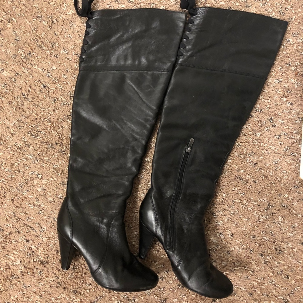 Two Lips Black Thigh High Leather Boots